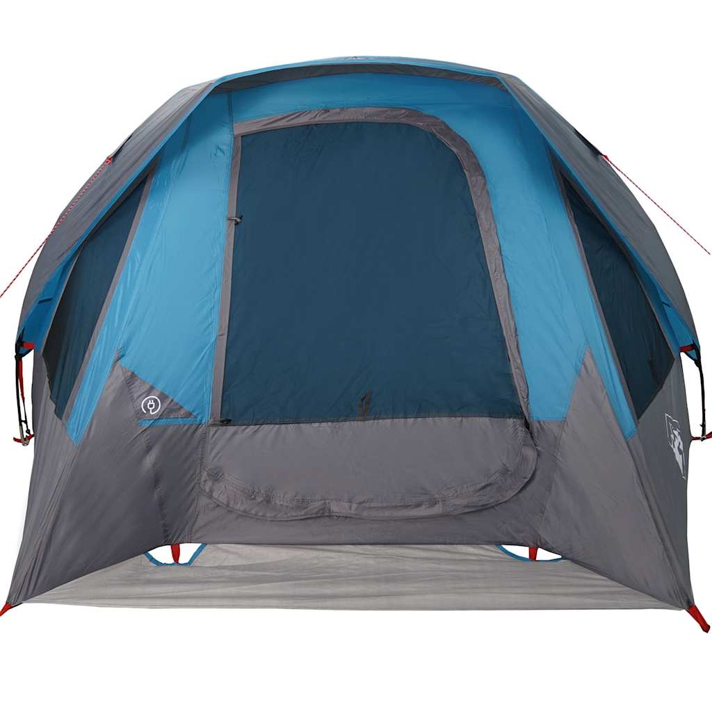 Detail van de vidaXL 6-persoons tent met blauw en grijs, frontaal zicht op de ingang.