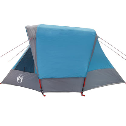 Detail van de vidaXL 6-persoons tent in blauw met grijze accenten, zijaanzicht.