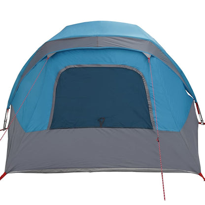 Zijaanzicht van de vidaXL 6-persoons tent in blauw met grijze details en grote ingang.
