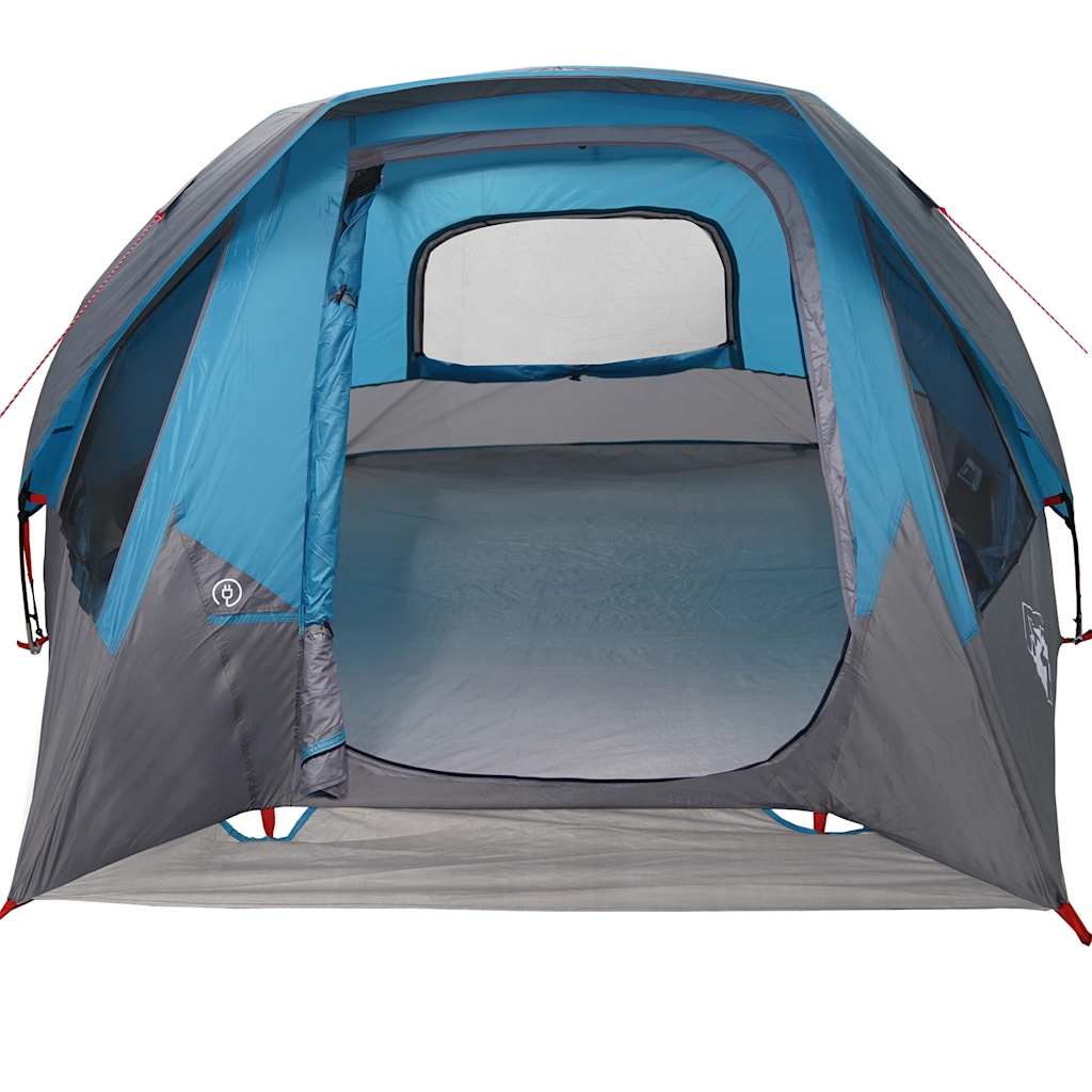 Detail van de ingang van de vidaXL 6-persoons tent met blauwe en grijze kleuren.