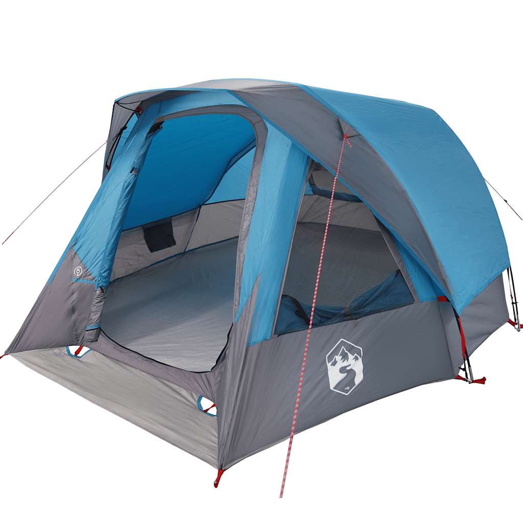 Zijaanzicht van de vidaXL 6-persoons tent in blauw, met open ingang en ventilatieroosters.