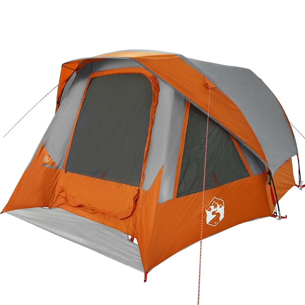 Detail van de vidaXL 6-persoons tent met grijze en oranje kleuren, zijaanzicht.