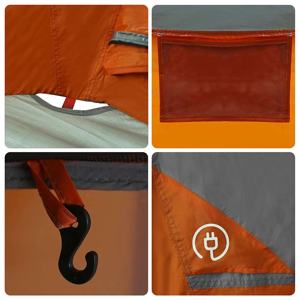 Detail van de grijze en oranje vidaXL gezinstent met ventilatierooster en haak.