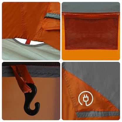 Detail van de grijze en oranje vidaXL gezinstent met ventilatierooster en haak.