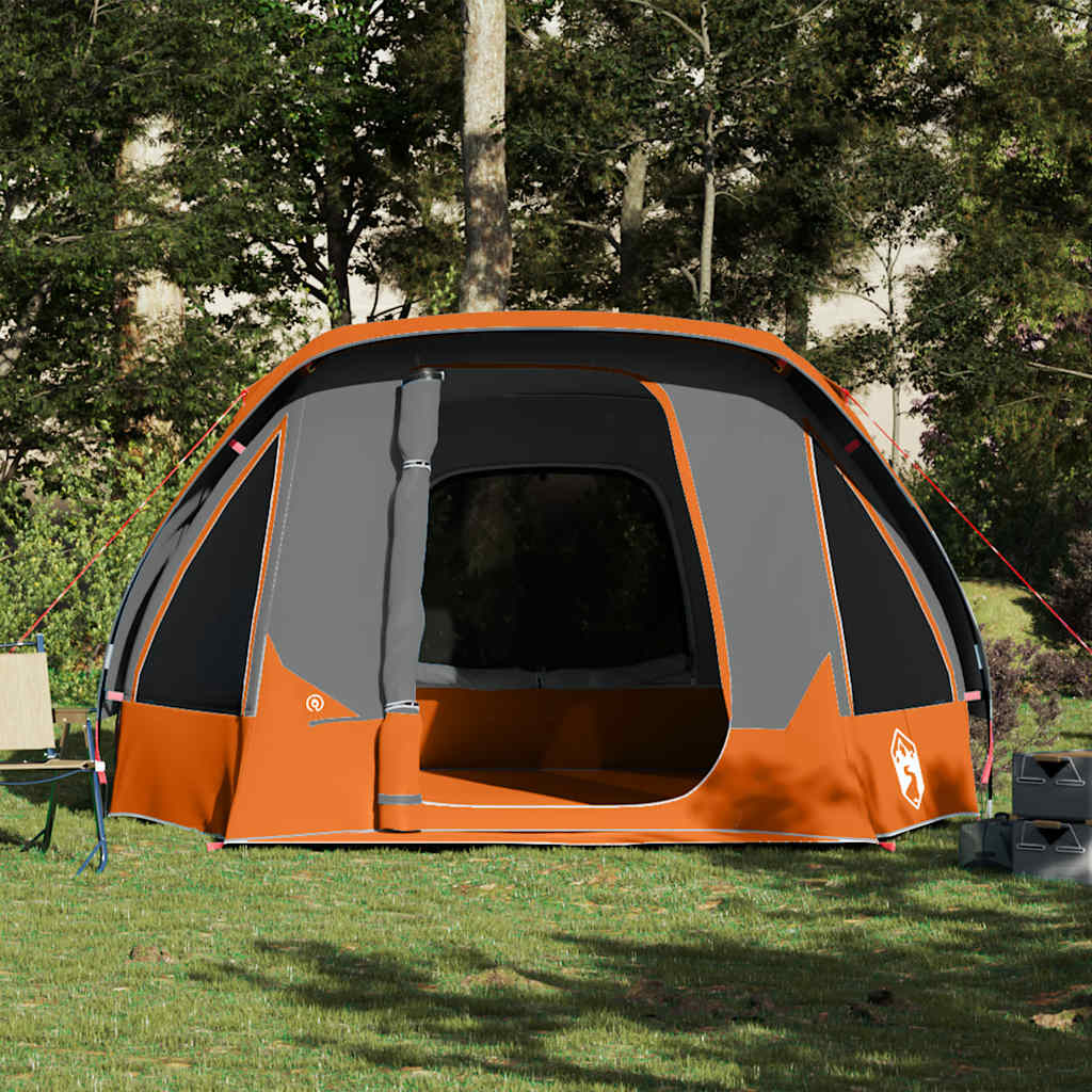 Detail van de vidaXL gezinstent in grijs en oranje met open ingang en goede ventilatie.