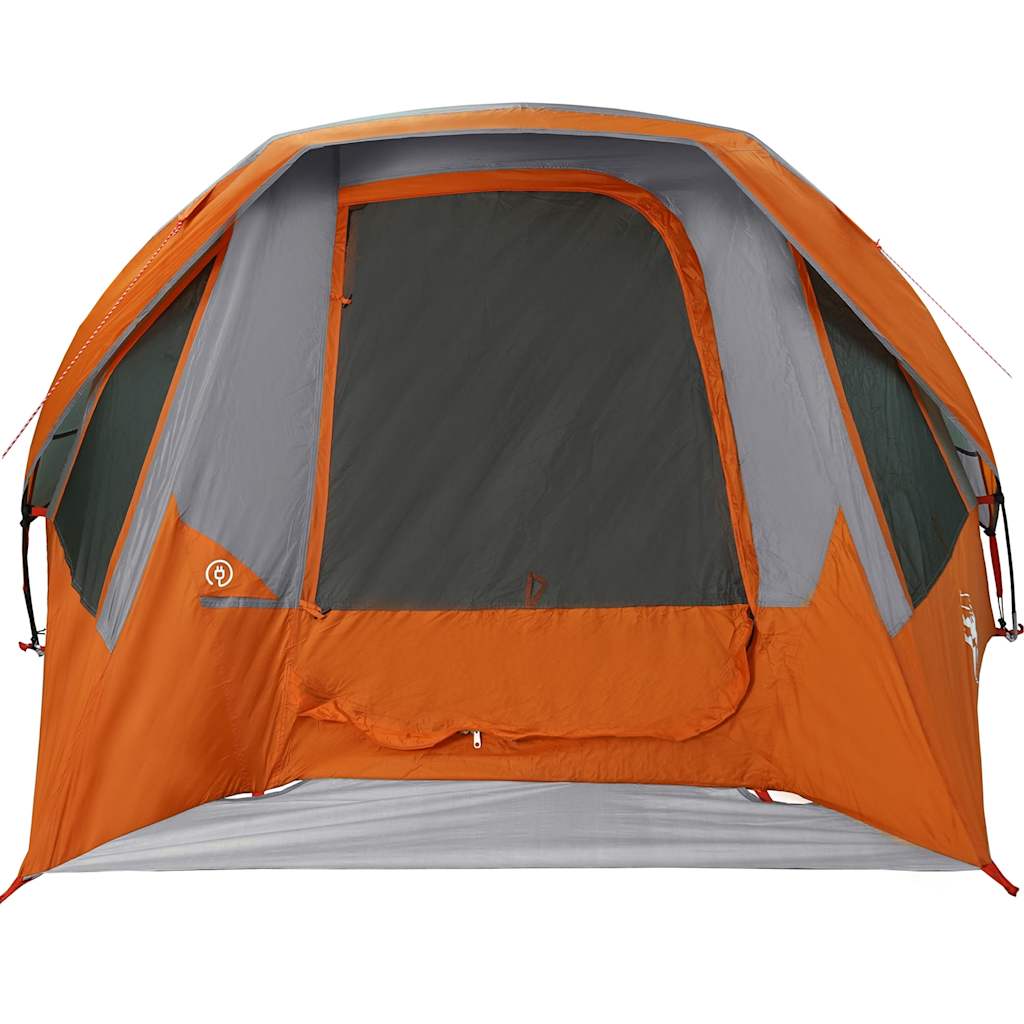 Detail van de grijze en oranje vidaXL gezinstent met grote ingang en gaasventilatie.