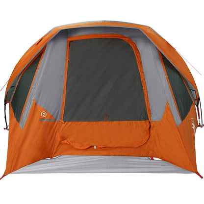Detail van de grijze en oranje vidaXL gezinstent met grote ingang en gaasventilatie.