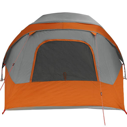 Detail van de grijs-oranje vidaXL gezinstent met een grote ingang en ventilatieroosters.