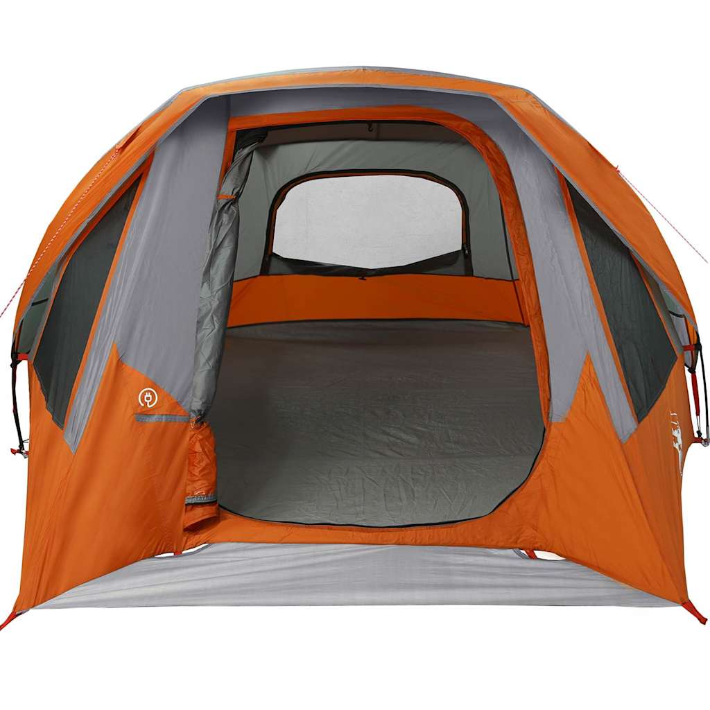 Zijaanzicht van de vidaXL 6-persoons tent met grijze en oranje details, open ingang.