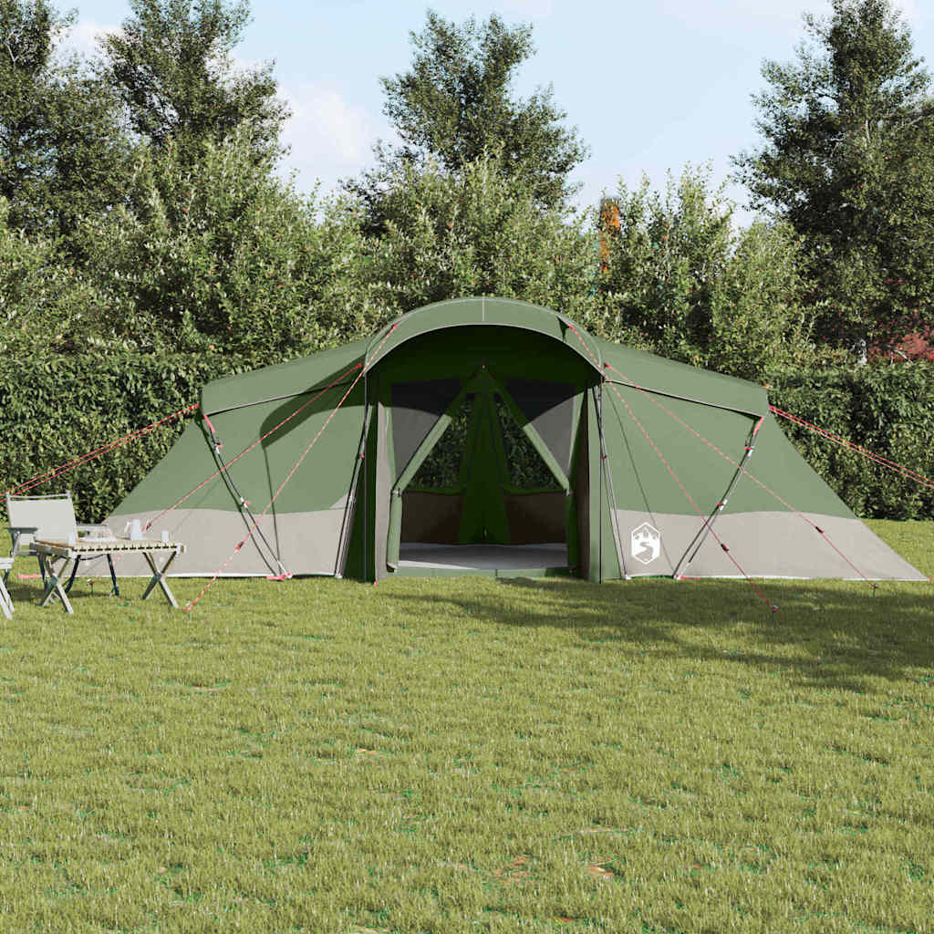 Zijaanzicht van de vidaXL gezinstent in groen met grijze details, opgezet in een grasveld.
