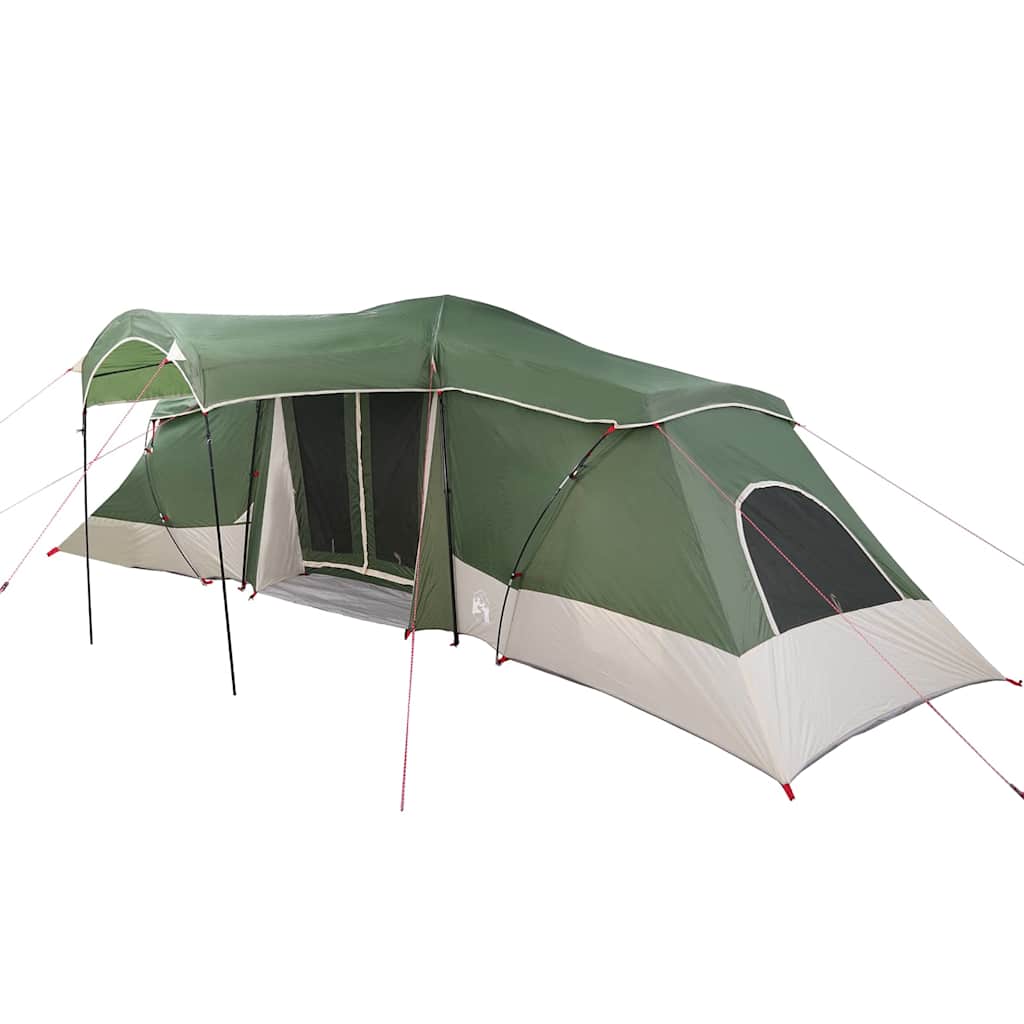 Zijaanzicht van de vidaXL gezinstent in groen en grijs met ingangen en ventilatieroosters.