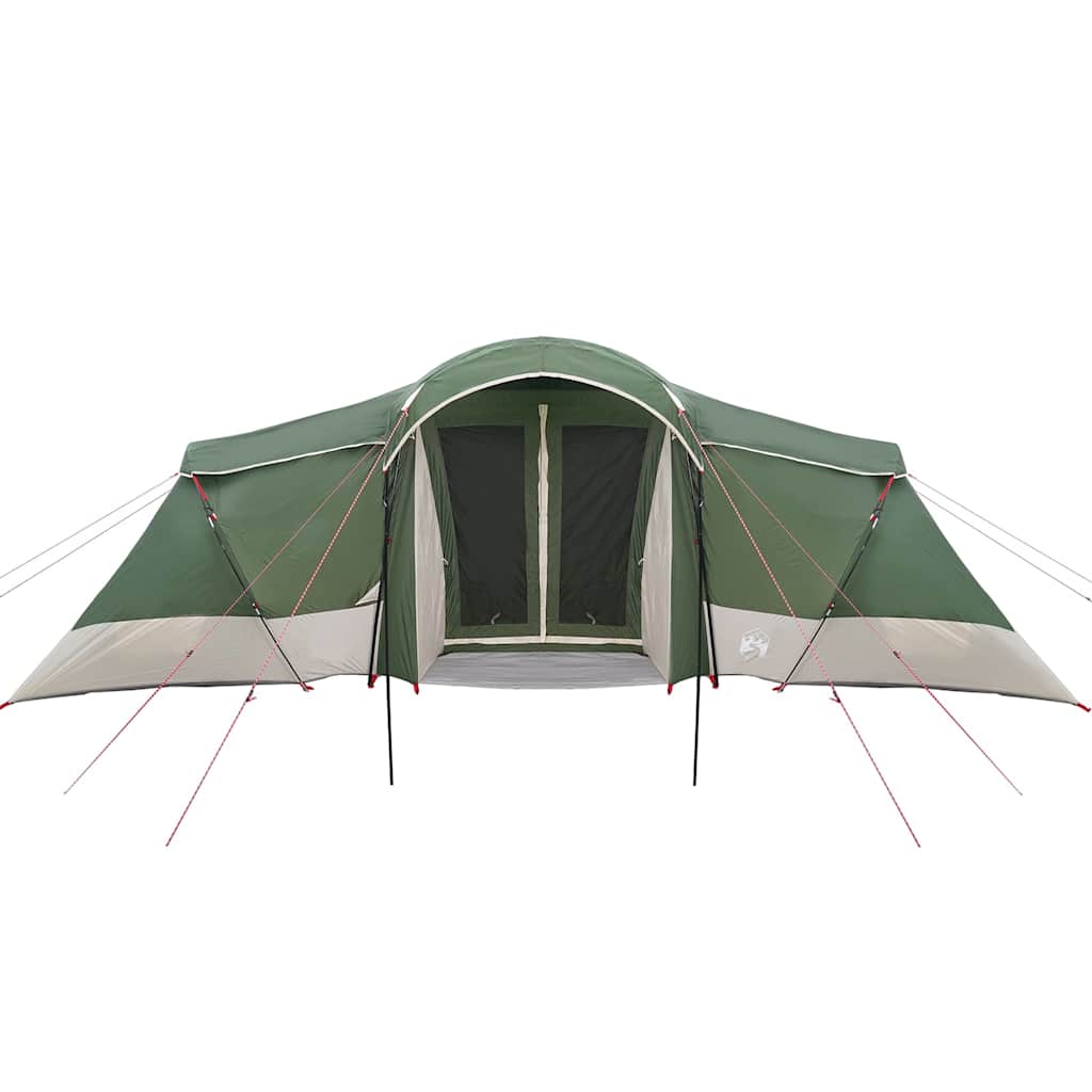 Detail van de vidaXL gezinstent in groen en grijs, met open ingangen en tentdoek.