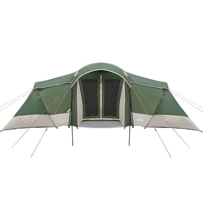 Detail van de vidaXL gezinstent in groen en grijs, met open ingangen en tentdoek.