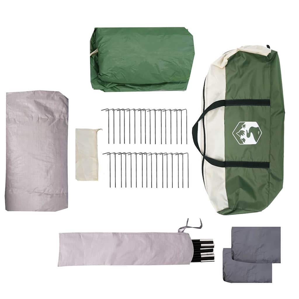 Detail van de vidaXL gezinstent met accessoires, waaronder haringen en opbergzakken.