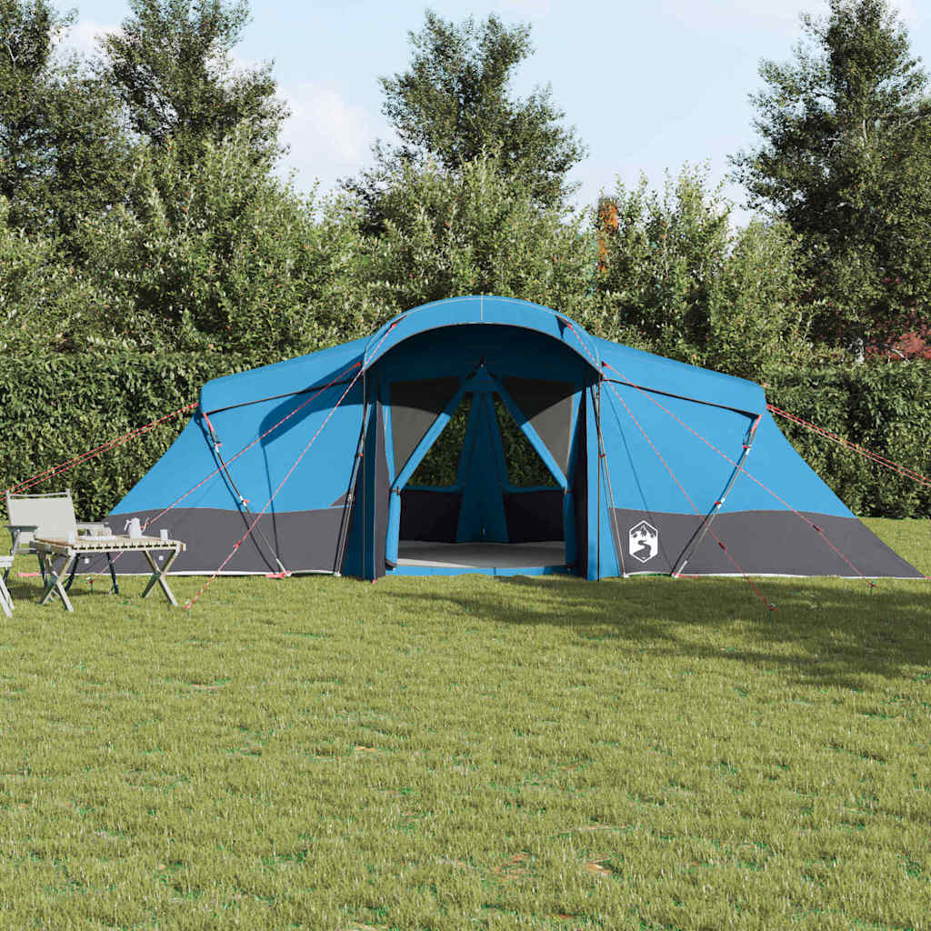 Zijaanzicht van de vidaXL gezinstent in blauw en grijs, met open ingangen en een groene omgeving.