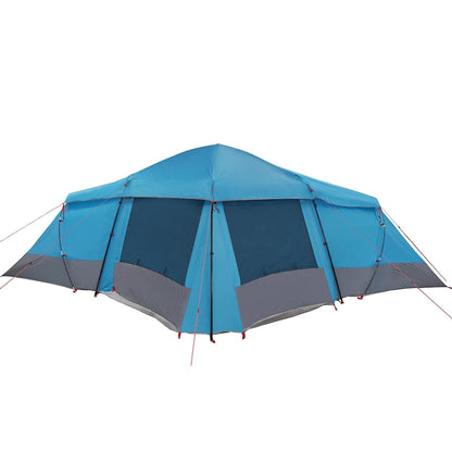 Zijaanzicht van de vidaXL gezinstent in blauw en grijs met openingen voor ventilatie.