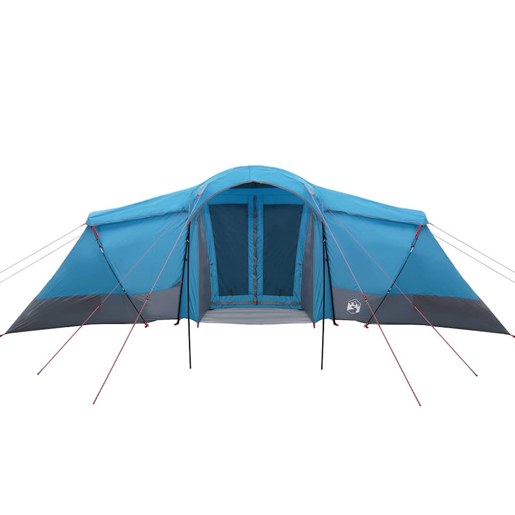 Zijaanzicht van de vidaXL gezinstent in blauw en grijs met ingangen en tentstokken.