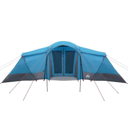 Zijaanzicht van de vidaXL gezinstent in blauw en grijs met ingangen en tentstokken.