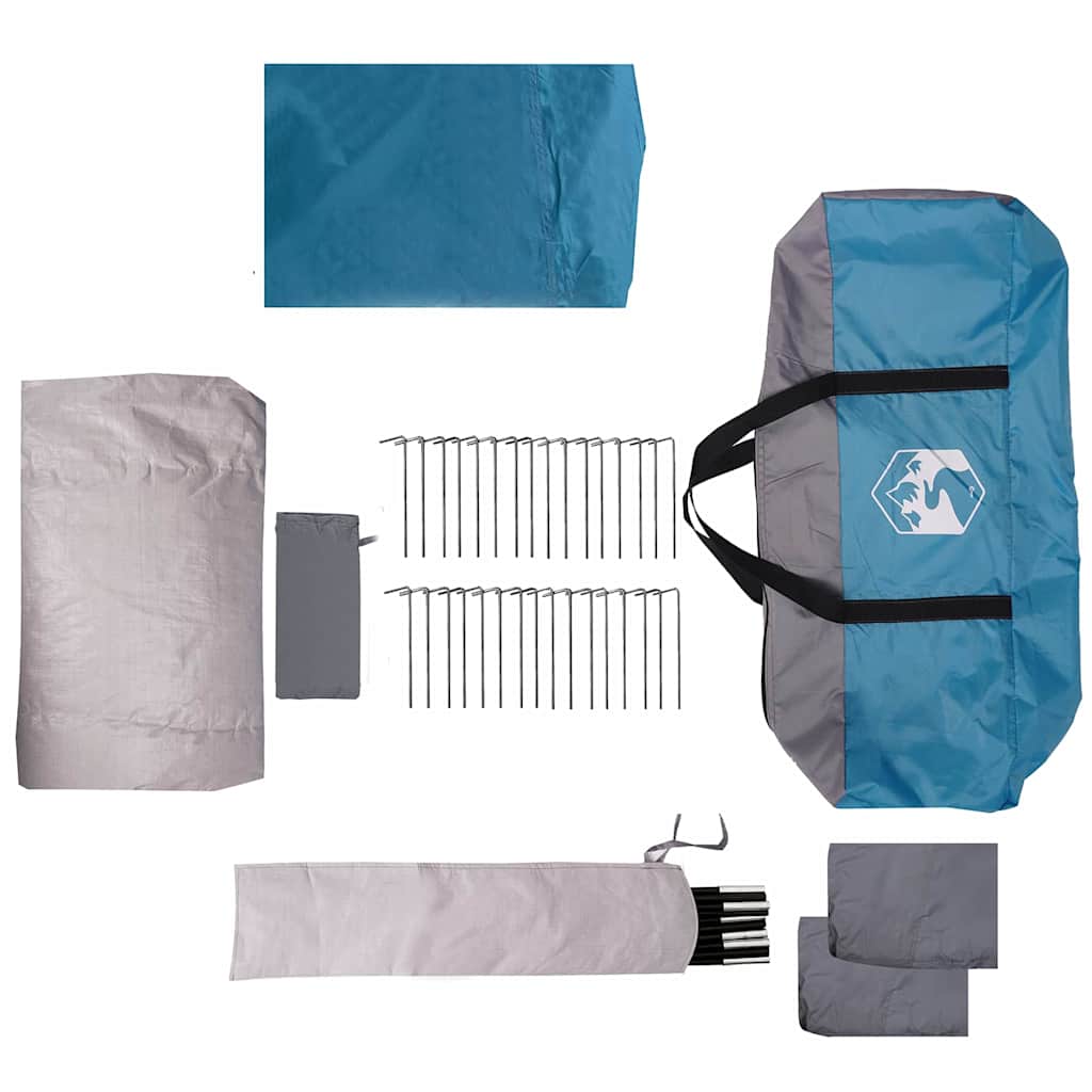Detail van de vidaXL gezinstent in blauw en grijs, inclusief haringen en opbergtas.