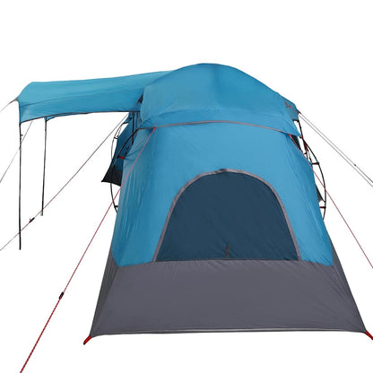 Detail van de vidaXL gezinstent in blauw en grijs met een luifel aan de zijkant.