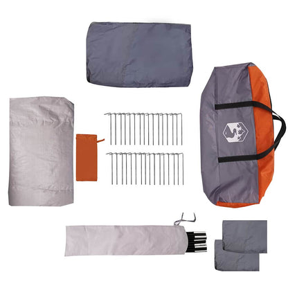 Detail van de grijs-oranje vidaXL gezinstent met accessoires en haringen.