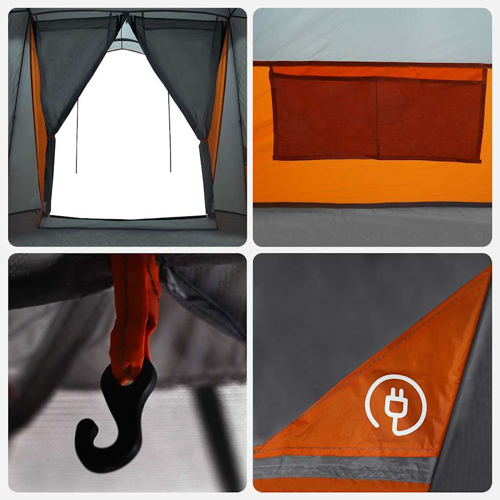 Detail van de grijs-oranje vidaXL gezinstent met toegang en ventilatierooster.