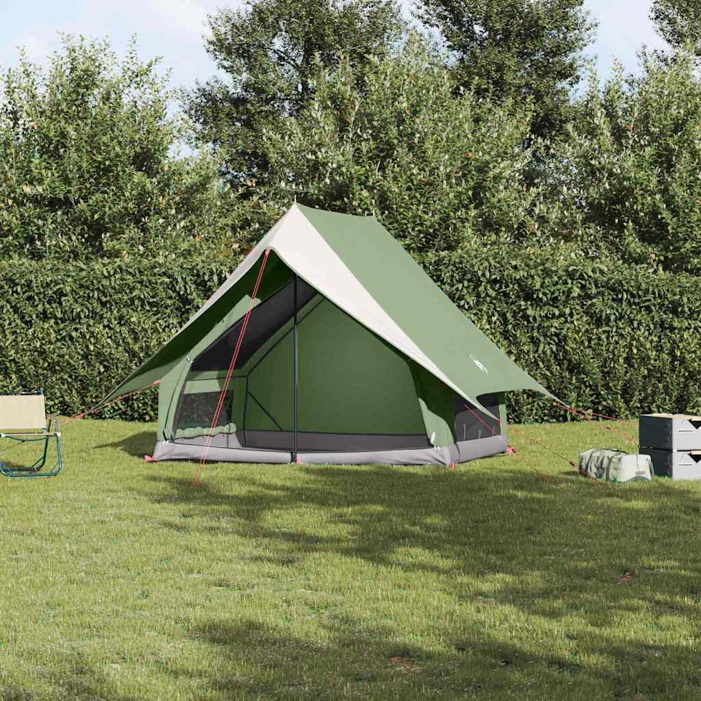 VidaXL gezinstent in groen en wit, waterdicht, opgesteld in een groene omgeving.