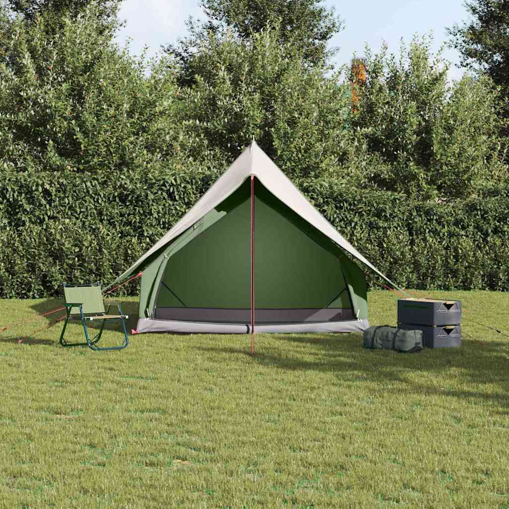 Zijaanzicht van de vidaXL gezinstent in groen en wit, met een comfortabel interieur.