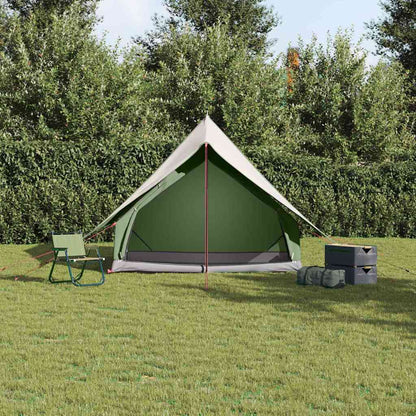 Zijaanzicht van de vidaXL gezinstent in groen en wit, met een comfortabel interieur.