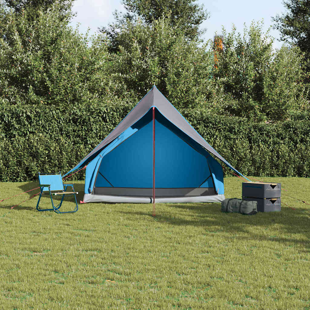 Detail van de vidaXL gezinstent in blauw en grijs, met een open ingang en campingstoelen.