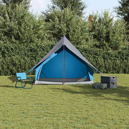 Detail van de vidaXL gezinstent in blauw en grijs, met een open ingang en campingstoelen.