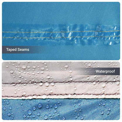 Detail van de waterdichte naden van de vidaXL gezinstent in blauw en grijs.