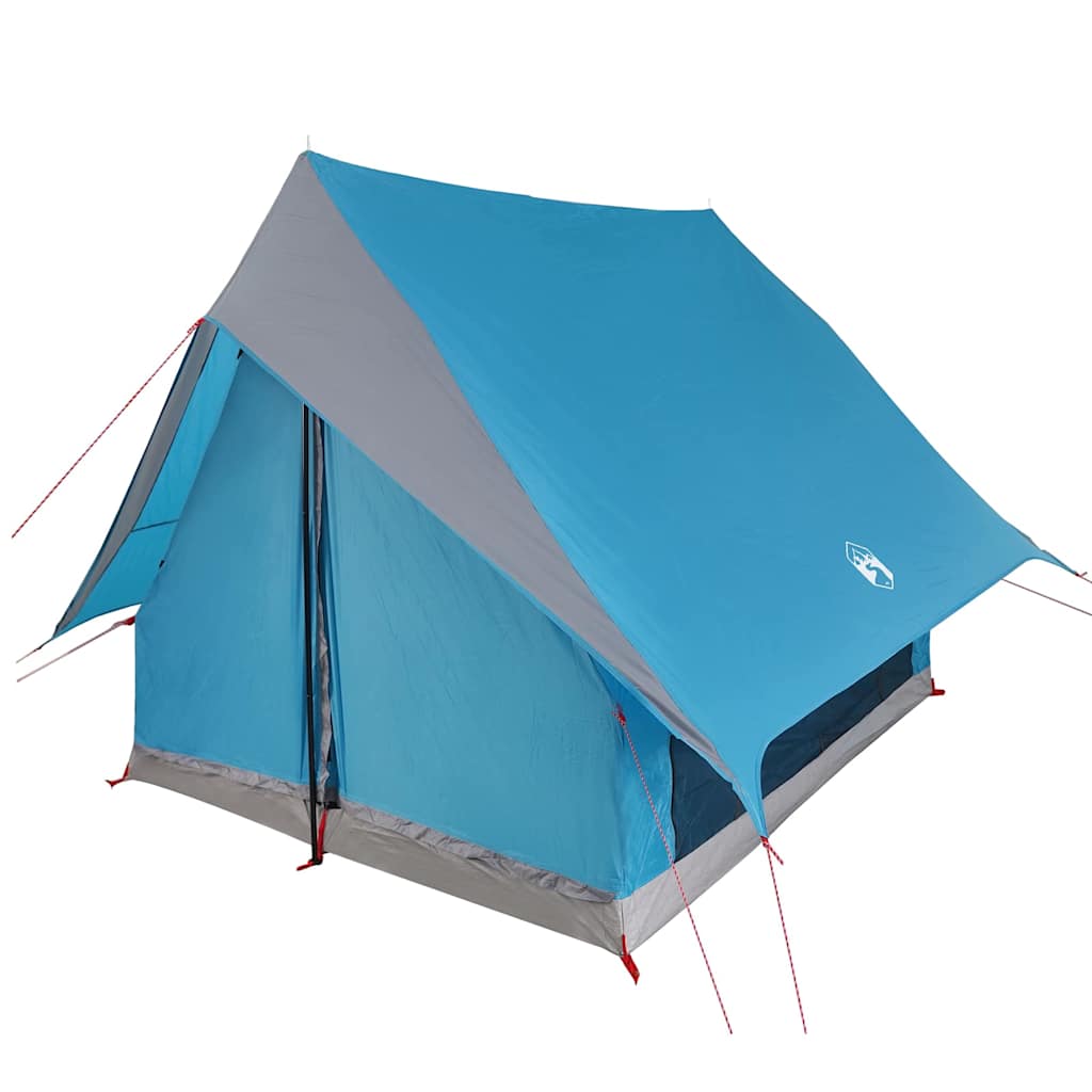 Zijaanzicht van de vidaXL gezinstent in blauw en grijs met dak.