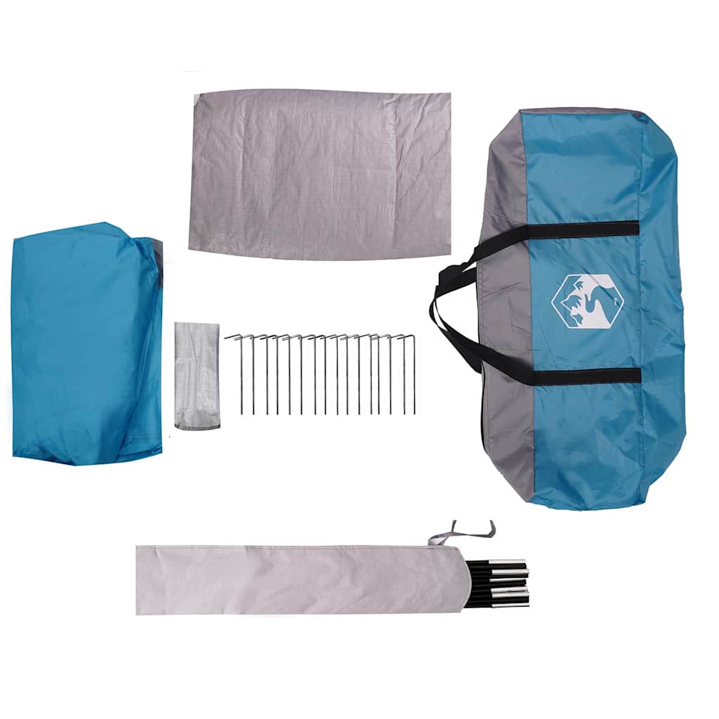 Detail van de blauwe en grijze vidaXL gezinstent met accessoires en stokken.