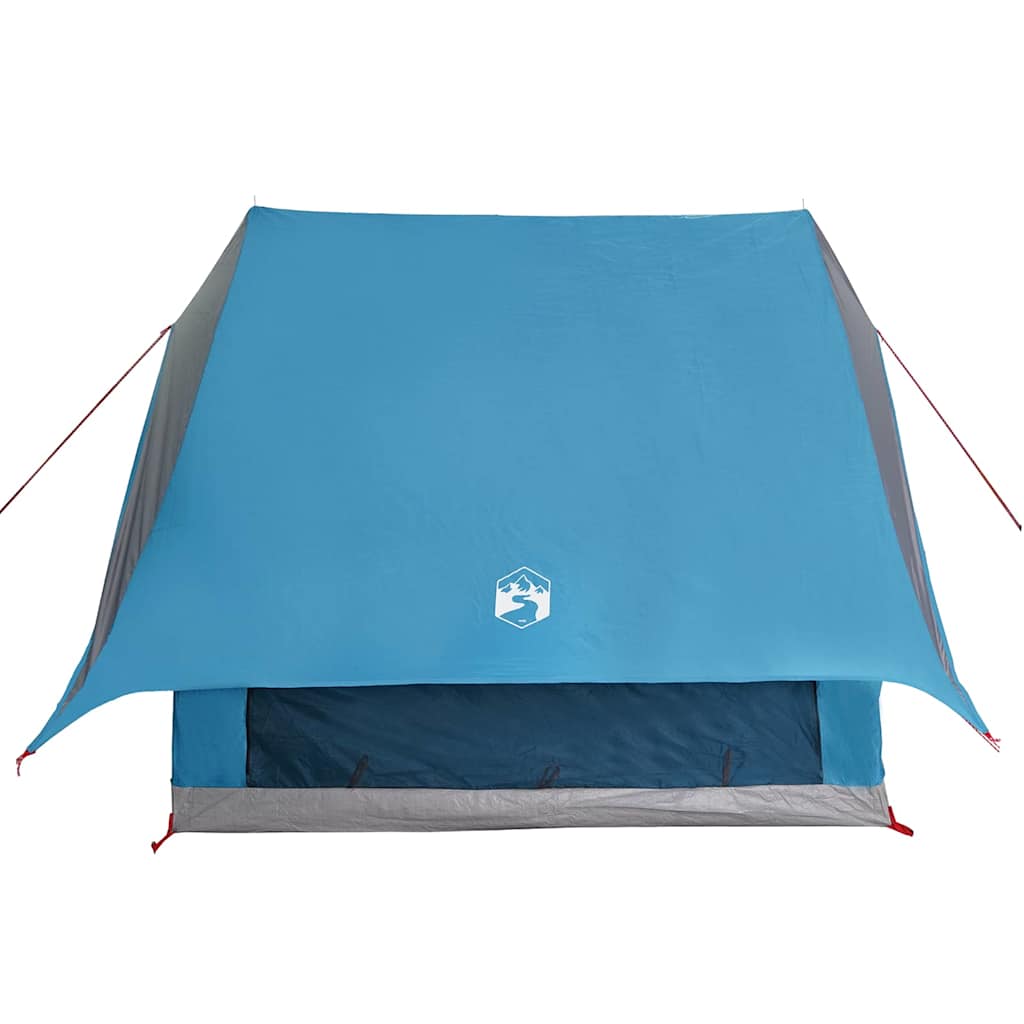 Detail van de blauwe en grijze vidaXL gezinstent met groot dak en ingang.