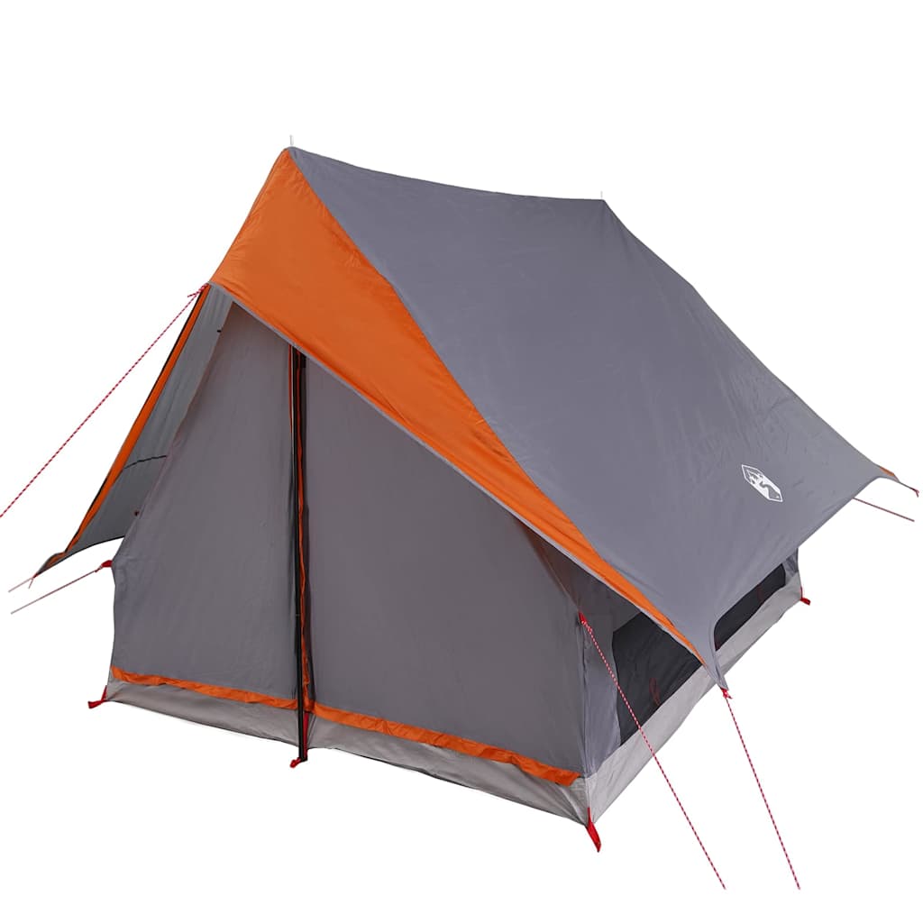Zijaanzicht van de vidaXL gezinstent in grijs en oranje met waterdichte bekleding.