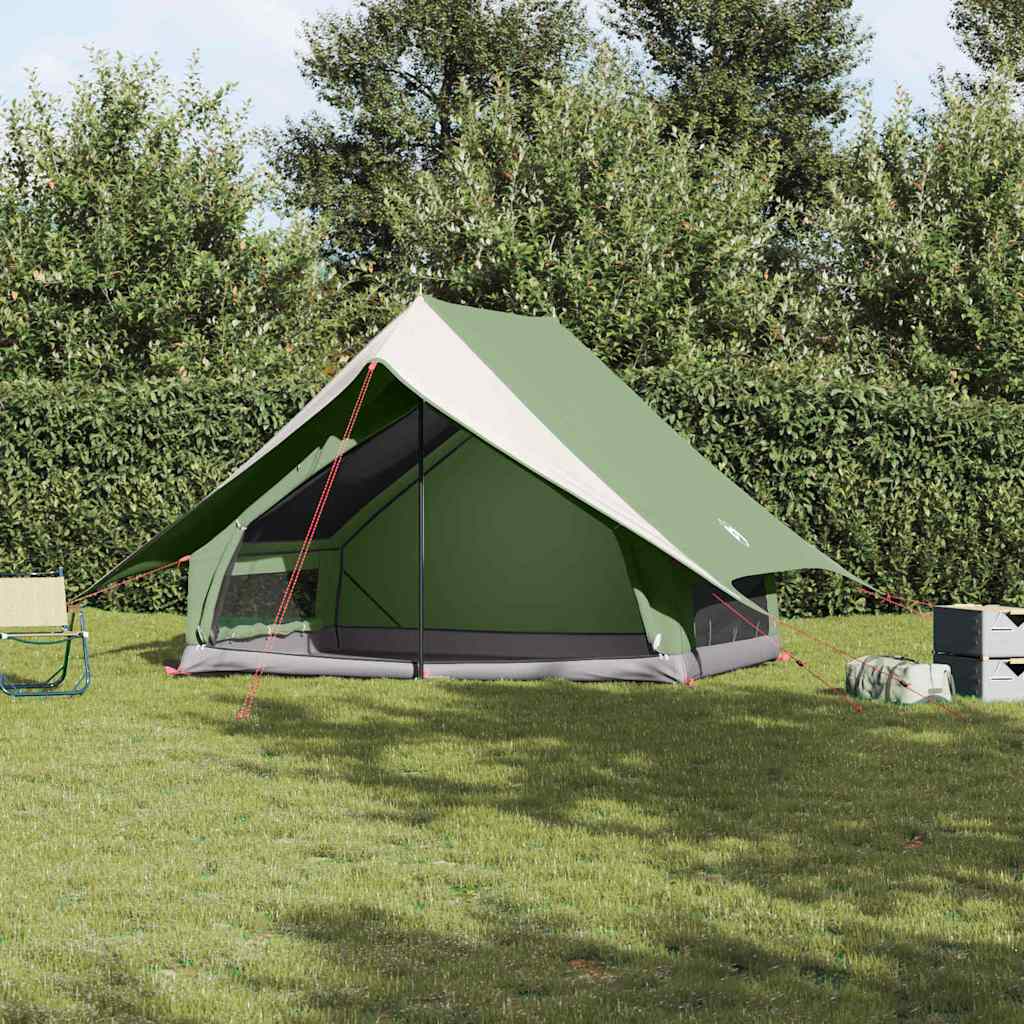 VidaXL gezinstent in groen en wit, ruim en waterbestendig, opgesteld in een groene omgeving.