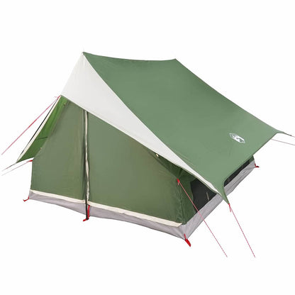 Zijaanzicht van de vidaXL gezinstent in groen en wit met een overhangend dak.