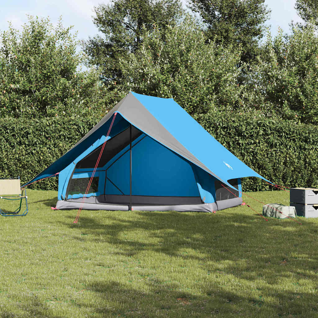 Blauwe en grijze gezinstent van vidaXL met dak, opgesteld in een groene tuin.