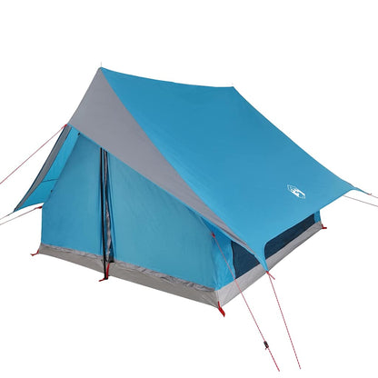 Zijaanzicht van de vidaXL gezinstent in blauw en grijs met dak.