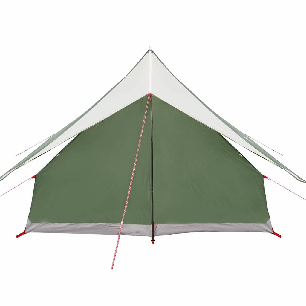 Detail van de groene en witte vidaXL gezinstent, zijaanzicht met tentdoek en stokken.