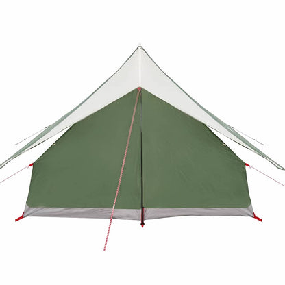 Detail van de groene en witte vidaXL gezinstent, zijaanzicht met tentdoek en stokken.