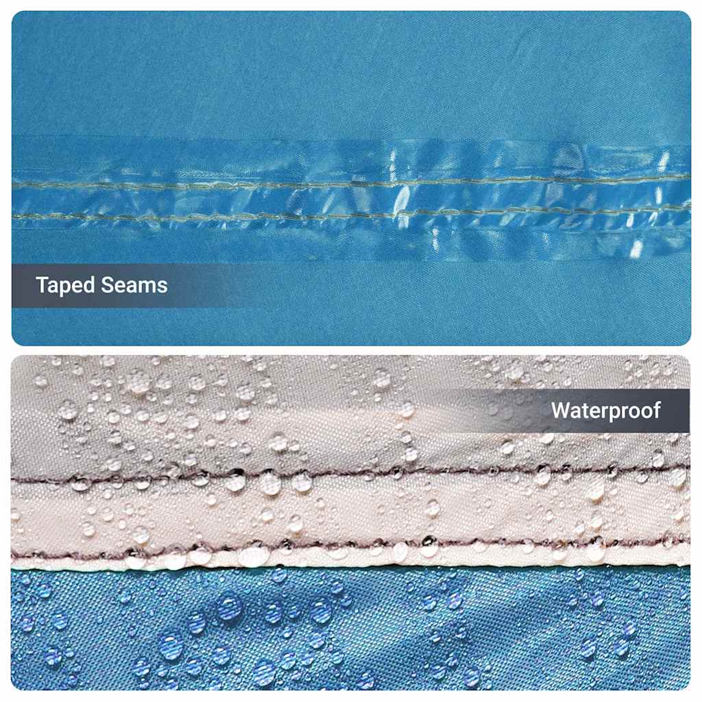 Detail van de waterdichte naden van de vidaXL gezinstent in blauw en grijs.