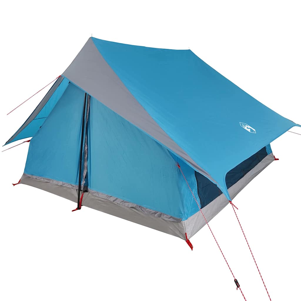 Zijaanzicht van de vidaXL gezinstent in blauw en grijs met waterdichte bekleding.