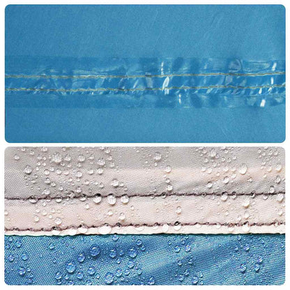 Detail van de waterdichte naden van de vidaXL gezinstent in blauw en grijs.