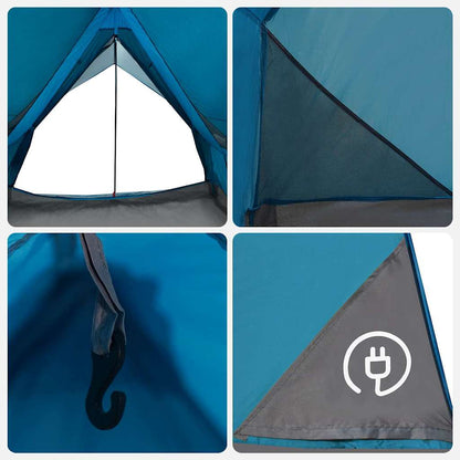 Detailfoto van het blauwe en grijze tentdoek met ventilatierooster en bevestigingshaak.