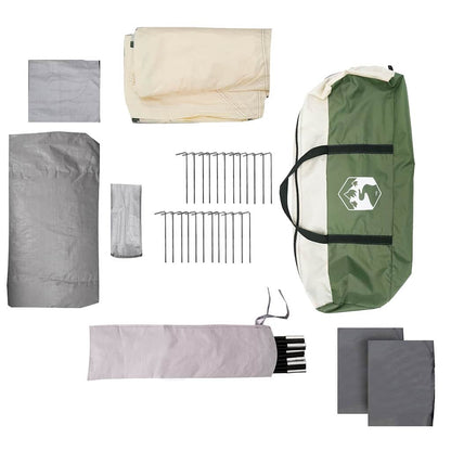 Detail van de tentaccessoires, inclusief haringen en tentstokken, vidaXL Groen en Wit.