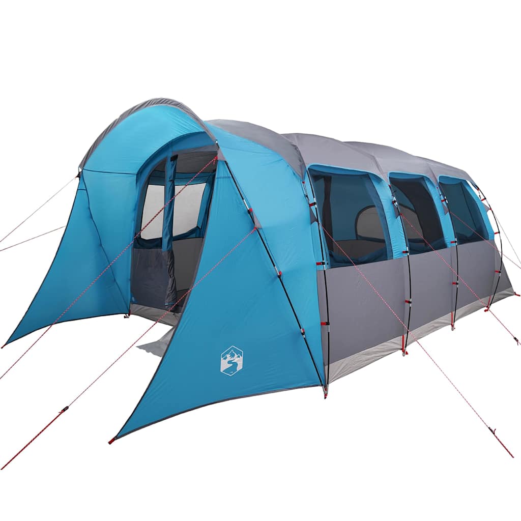 Zijaanzicht van de vidaXL gezinstent in blauw en grijs met uitlopende dakconstructie.