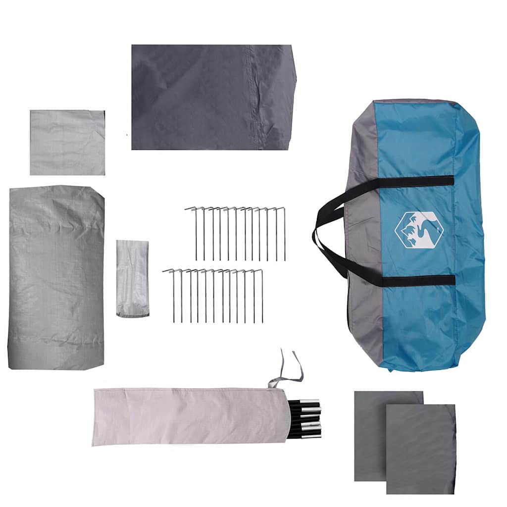 Detail van de accessoires en haringen van de vidaXL gezinstent in blauw en grijs.