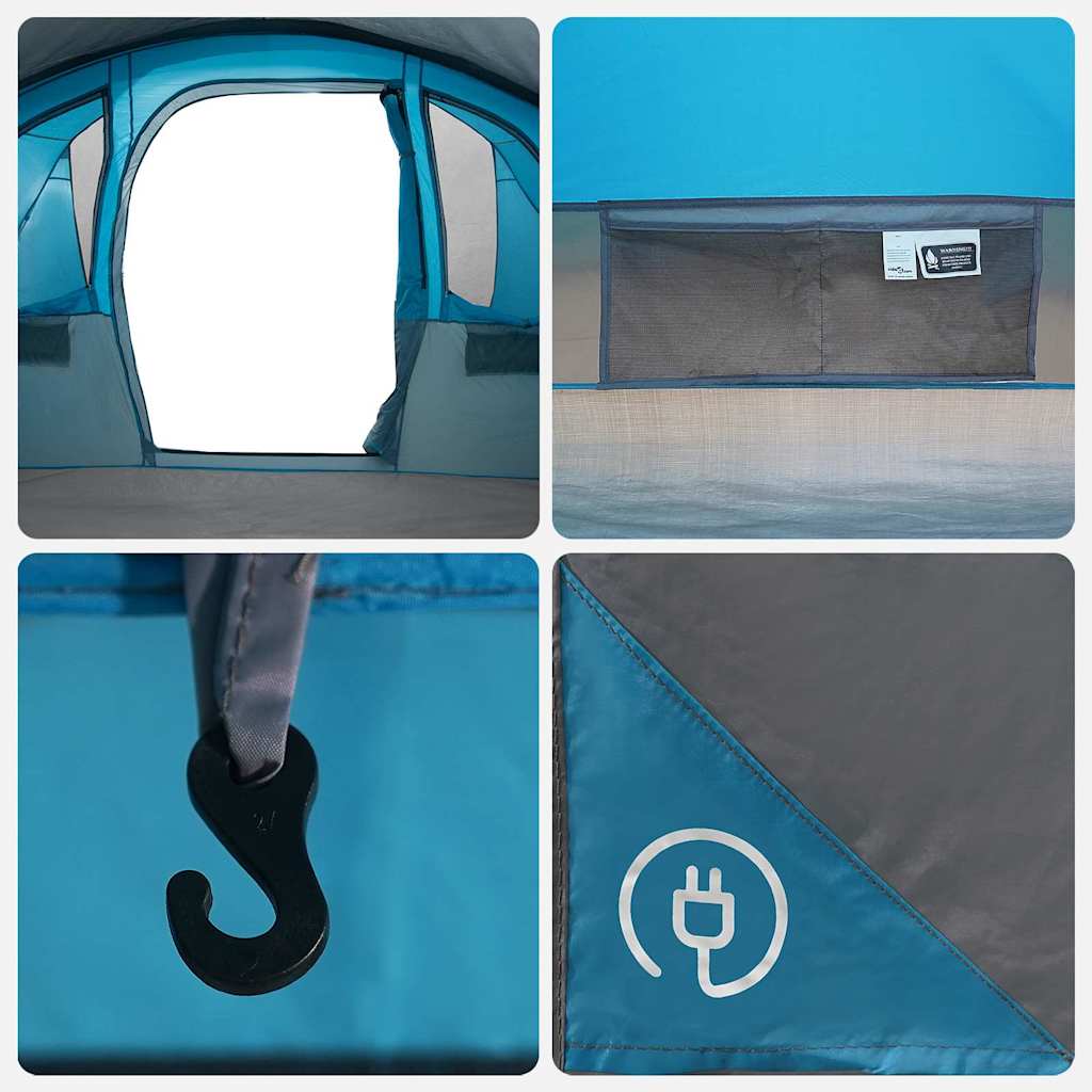 Detail van het zijraam en opbergvak van de vidaXL gezinstent in blauw en grijs.